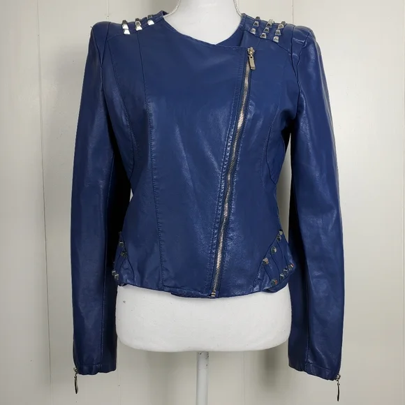 Moto biker blue studded faux leather coat size small - Picture 6 of 11